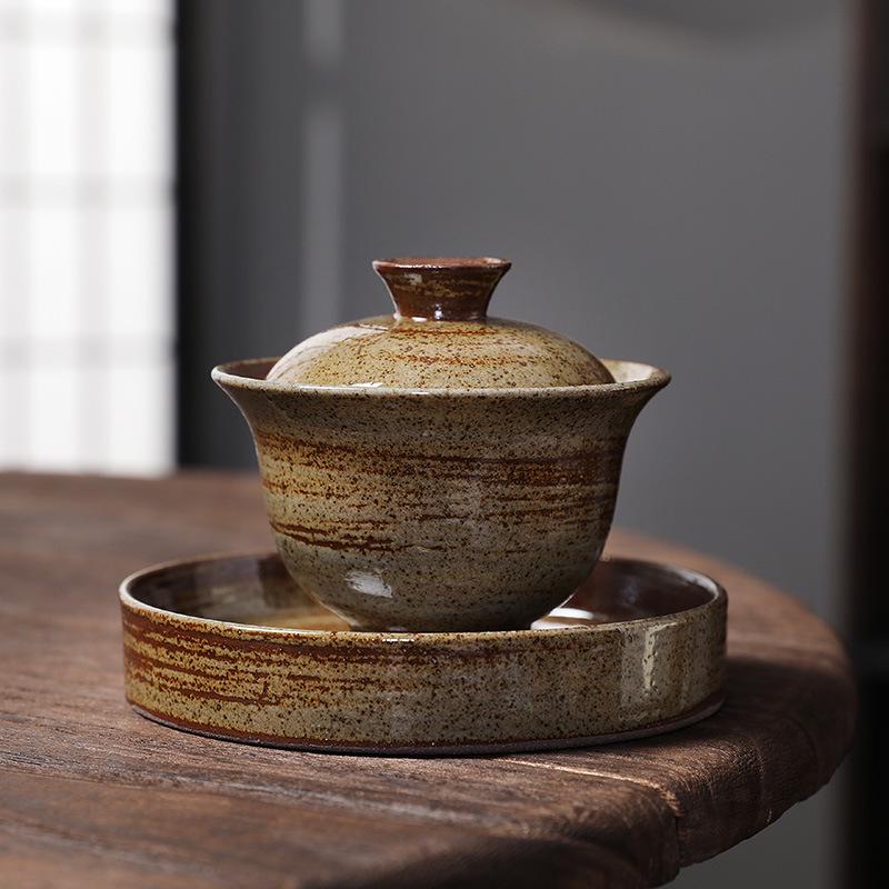 Imitation Wood-Fired Gaiwan Tea Set: Retro Old Rock Mud Three-Piece Kung Fu Tea Cup and Bowl with Free Shipping