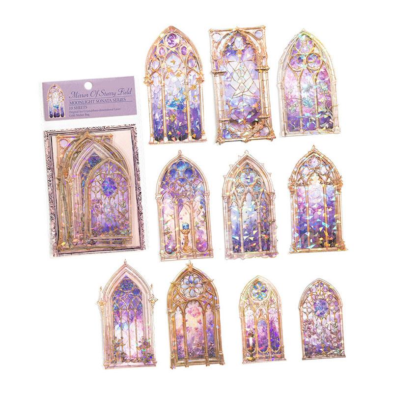 10PCS Holographic Scrapbook Sticker 3D PET Bright Color Window Design Easy Apply Aesthetic Sticker for Journal Notebook