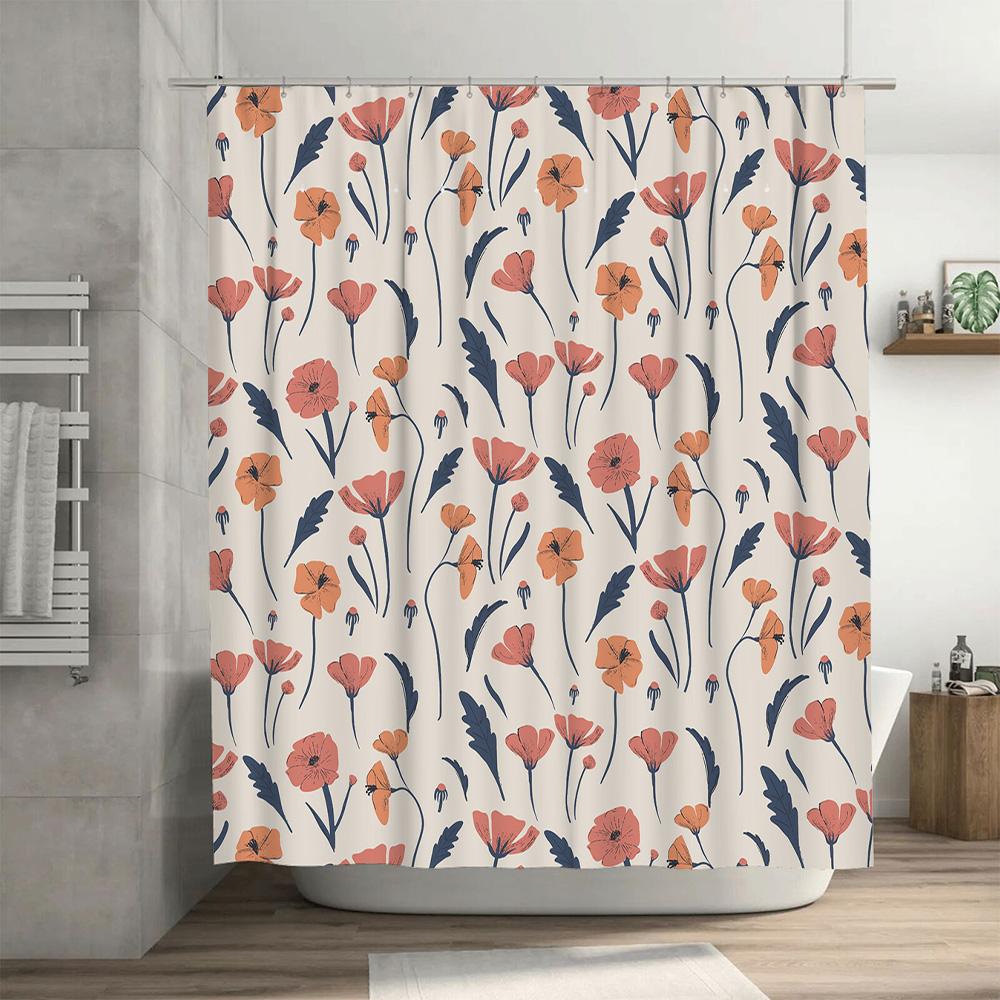 Floral Poppy Shower Curtain Pink Navy White Floral Print Bathroom Decor For Home Decoration Water Repellent Fabric 72 X 84 Inche