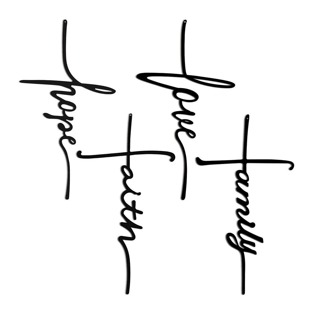 

1 упаковка/4 шт. Семейные металлические настенные таблички – Английские слова и табличка с крестом, Элегантный настенный декор, Стильное металлическое настенное украшение чёрный