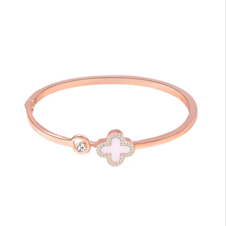 Korean Fashion Four-Leaf Clover Rose Gold Open Bangle - Versatile & Stylish Bracelet