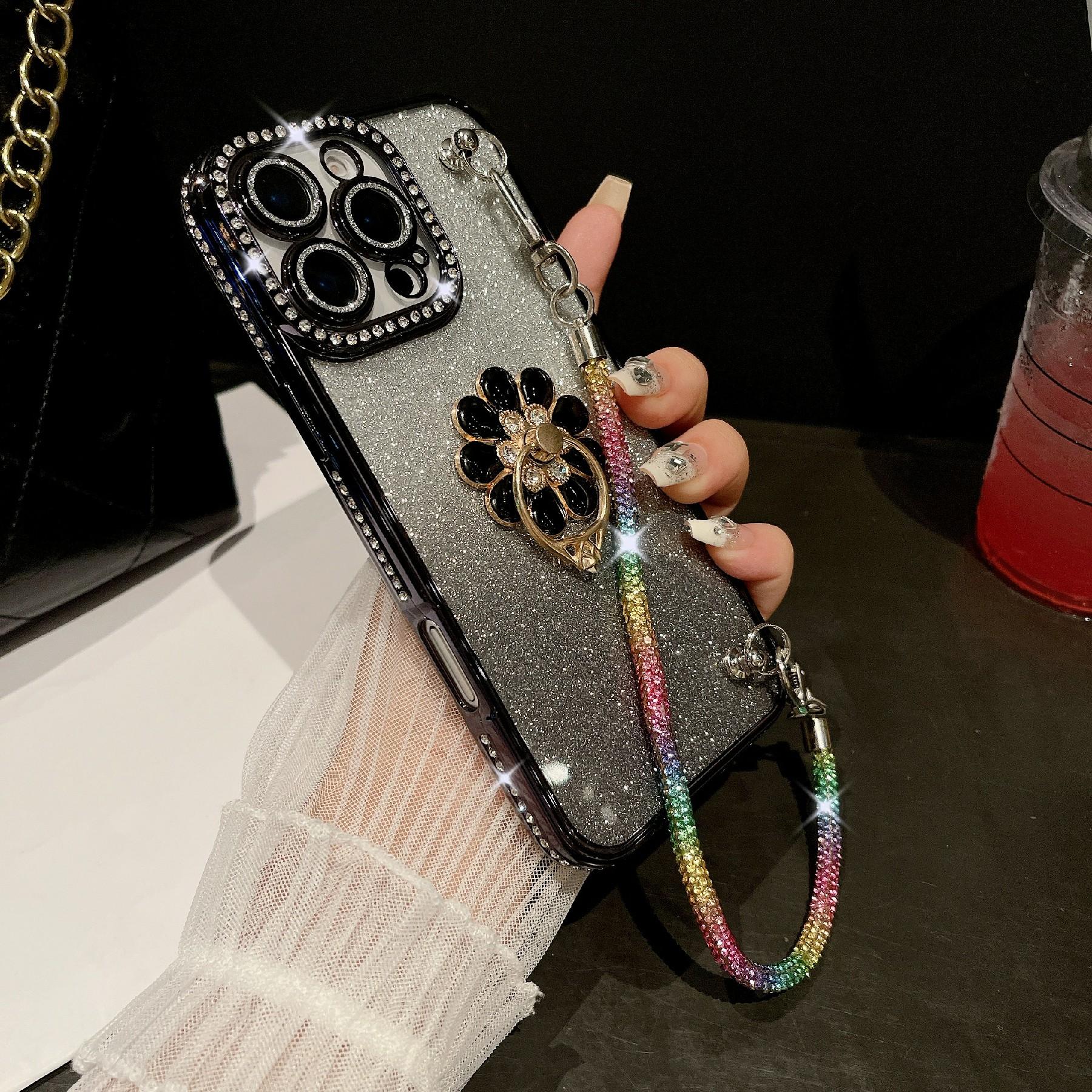 

For iPhone 16 Pro Max Case with Rhinestones Strap Kickstand Phone Cover Built In Lens Film Black