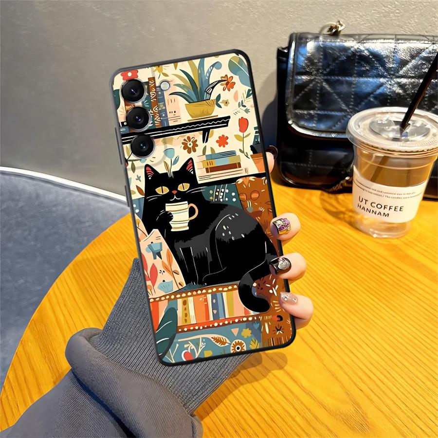 Black Soft Phone Cover Case for Samsung Galaxy A50 A17 A06 A20 A13 A70 A30 A15 A10 A12 A05 A04 A40 A16 Cartoon Cat