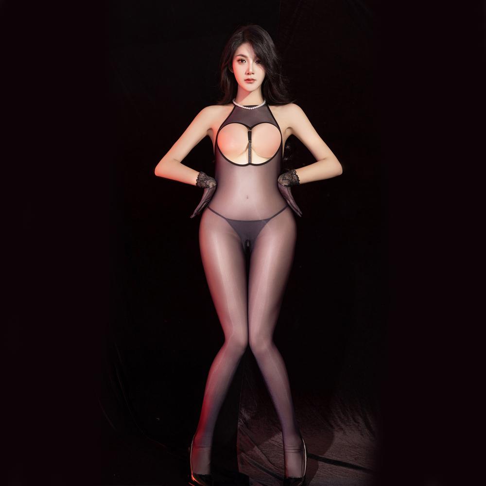 Sexy Women Sheer See Through Oil Glossy Shiny Elastic Bodysuit Bodycon One-Piece Thong Silky Tights Cosplay Maid Leotard