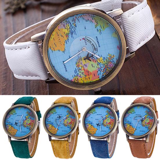 Women's World Map Dial Denim Fabric Strap Analog Quartz Students Wrist Watch
