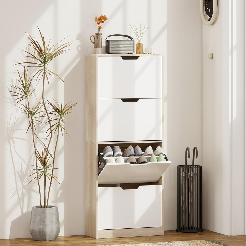 Slim Space-Saving Shoe Cabinet with 4 Drawers for 20 Pairs of Shoes 62.5x26x156 Cm, Wood Colour and White