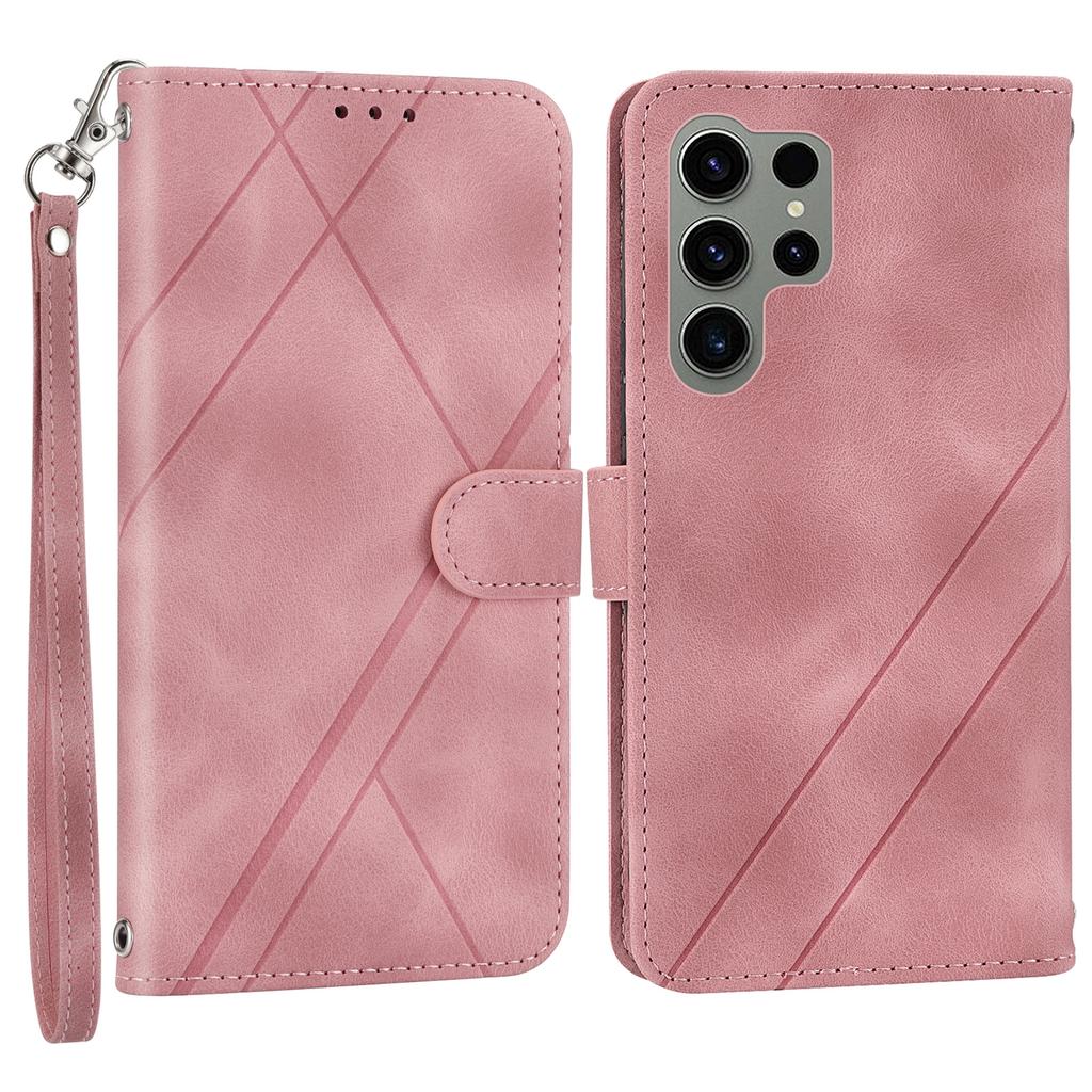 For Samsung Galaxy S25 Ultra Case Imprinted Line Leather Phone Cover with Handy Strap
