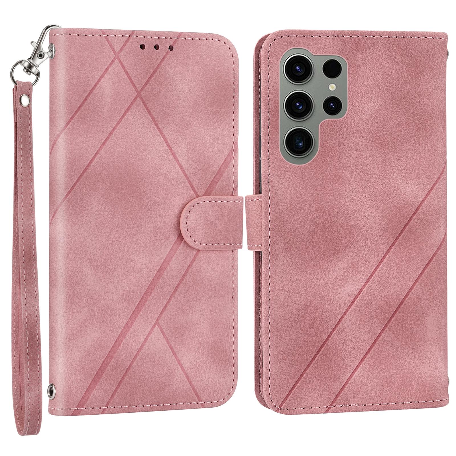 

For Samsung Galaxy S25 Ultra Case Imprinted Line Leather Phone Cover with Handy Strap Pink