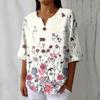 Women's Summer Fashion V-Neck 3/4 Sleeve Shirt Casual Loose-Fit Floral Print Top