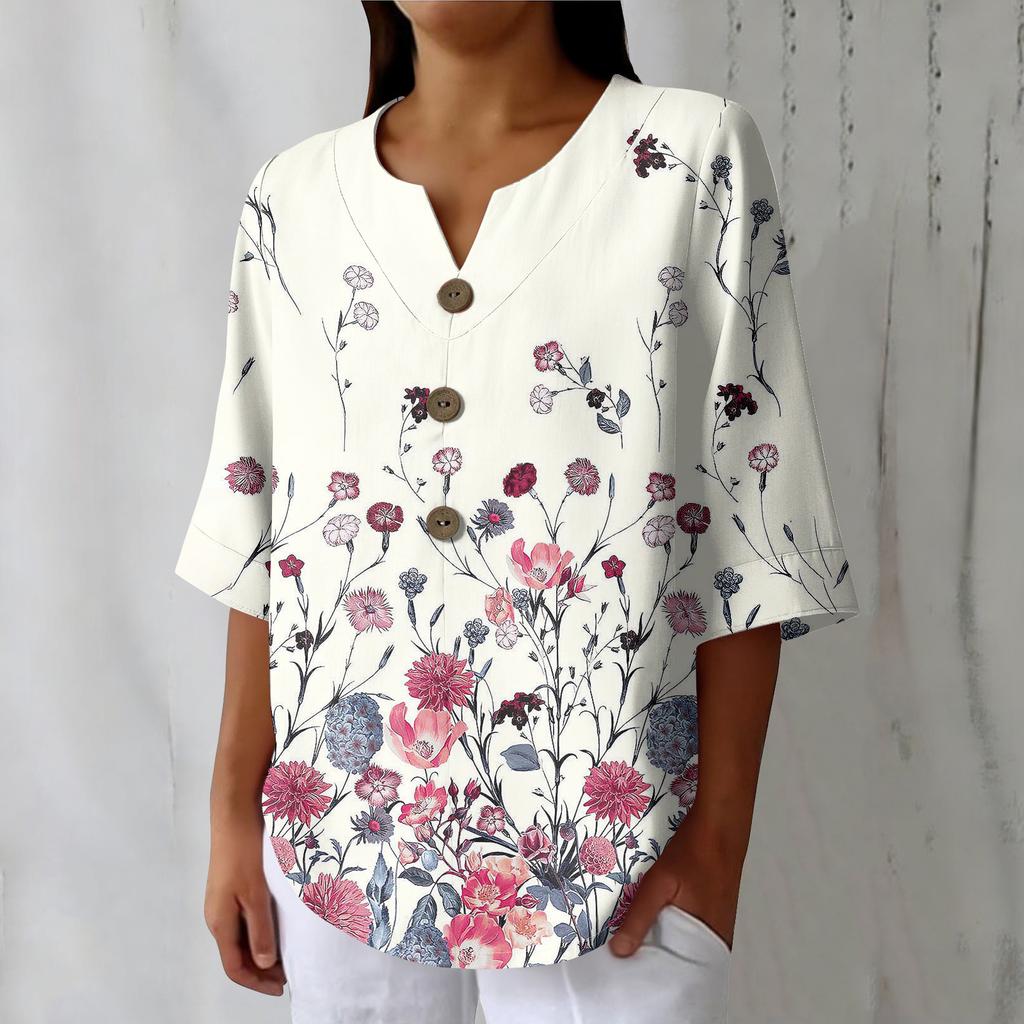 Women's Summer Fashion V-Neck 3/4 Sleeve Shirt Casual Loose-Fit Floral Print Top