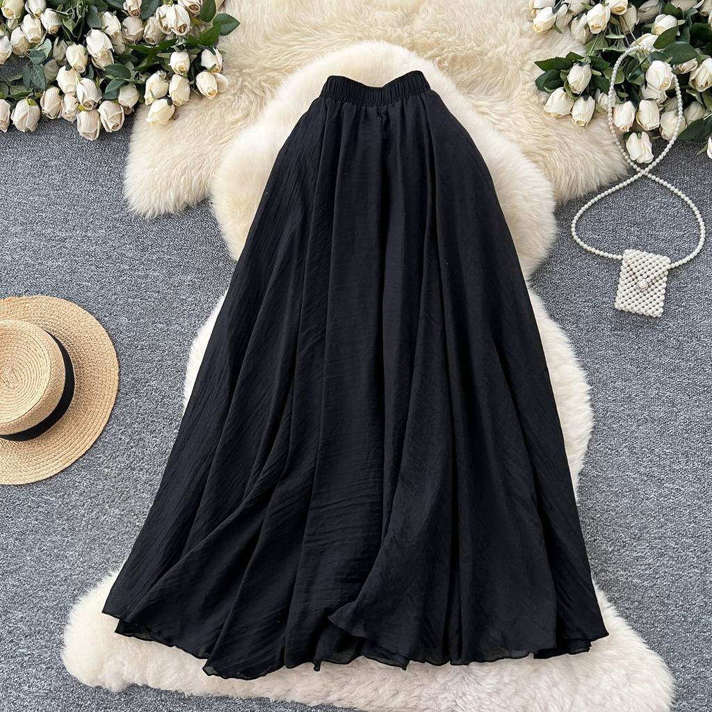 Summer Women Chic Cotton Linen Solid Elastic Waist Long Maxi Skirt