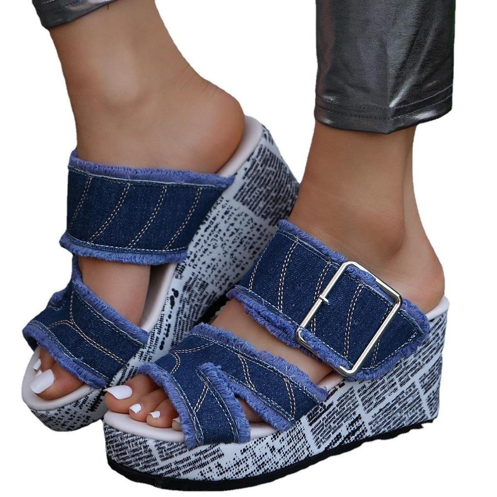 Pantofi de femeie ocazional modă vacanță ținută de zi cu zi Ziar de vară papuci cu pană din denim cu catarame Sandale