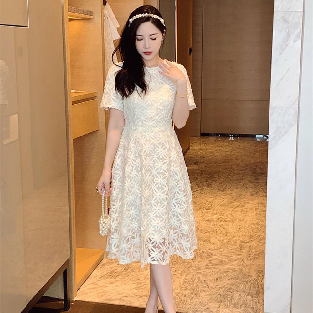 Elegant Mesh Embroidery Flower Summer Dress for Women 2024 New Casual Round Neck Lace-up Slim Short Dress Women Clothing