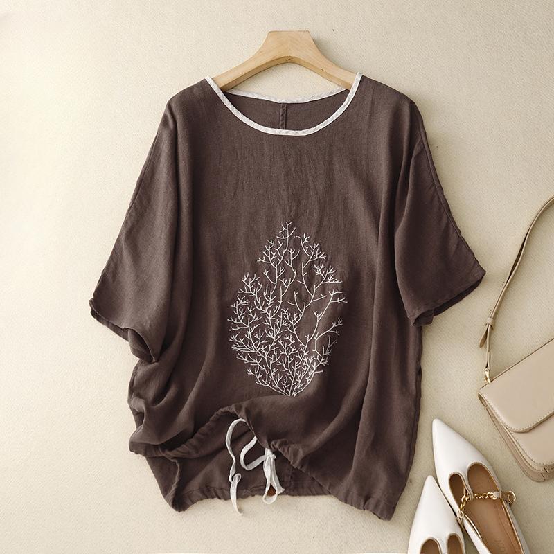 Vintage Výšivka Krátký Rukáv Ležérní Volný O-Výstřih Bavlna Len Nadměrné Letní Tričko Tričko Dámská Košile Top Oblečení