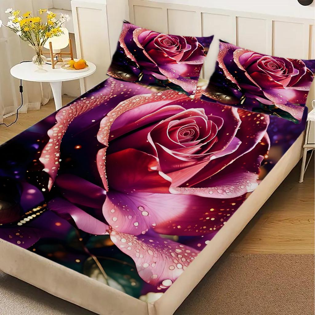 1pc Purple Fitted Sheet Beautiful Luxury Rese 100% Polyester Durable Bedding Set Sheet for Home Bedroom Decoration Birthday Gift