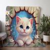 1pc Cozy Flannel Blanket with Adorable Kitten & Floral Print - Soft Warm Throw for Sofa, Bed, Car, Office, Camping - All-Season