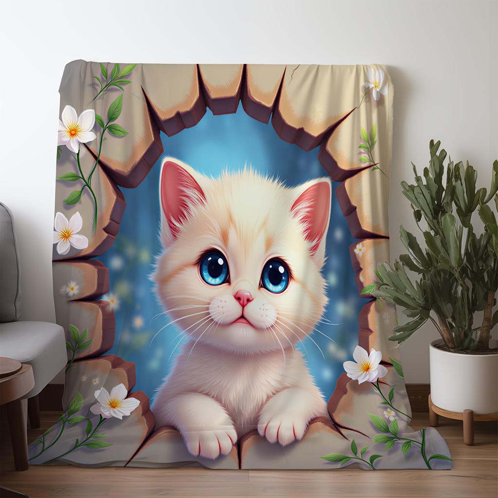 1pc Cozy Flannel Blanket with Adorable Kitten & Floral Print - Soft Warm Throw for Sofa, Bed, Car, Office, Camping - All-Season