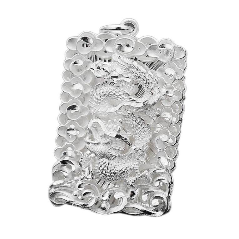 Silver-Plated Dragon Pendant Necklace with Chinese Fu Character - Double Layer Hollow Design
