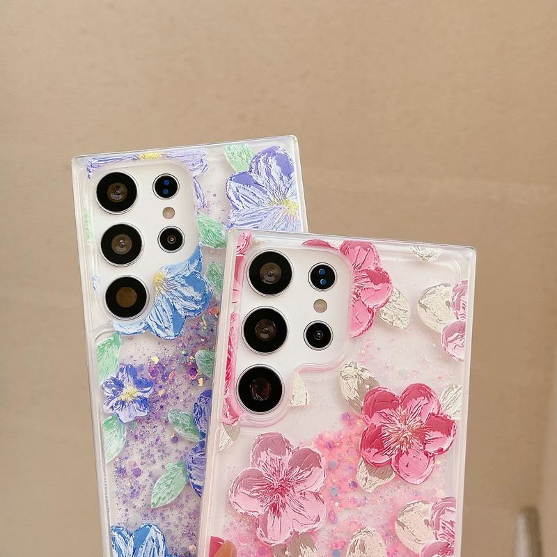 Leuchtende Flüssig-Treibsand-Hülle mit Blumendruck für Samsung S25 Ultra S24 Plus S23 S22 A55 A35 A15 Transparent Stoßfest Anti-Fall Handyhülle