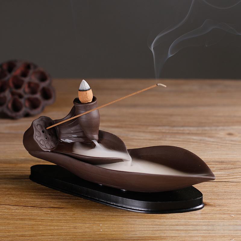 Double Leaf Like Flowing Lotus Backflow Incense Burner Ceramics Sandalwood Incense Sticks Holder with Plastic Bottom Home Decor