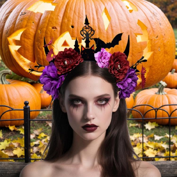 Dark Series Flower Hairband with Skull Decors For Women Girl Halloween Costume Party Role Playing Accessory Headpiece