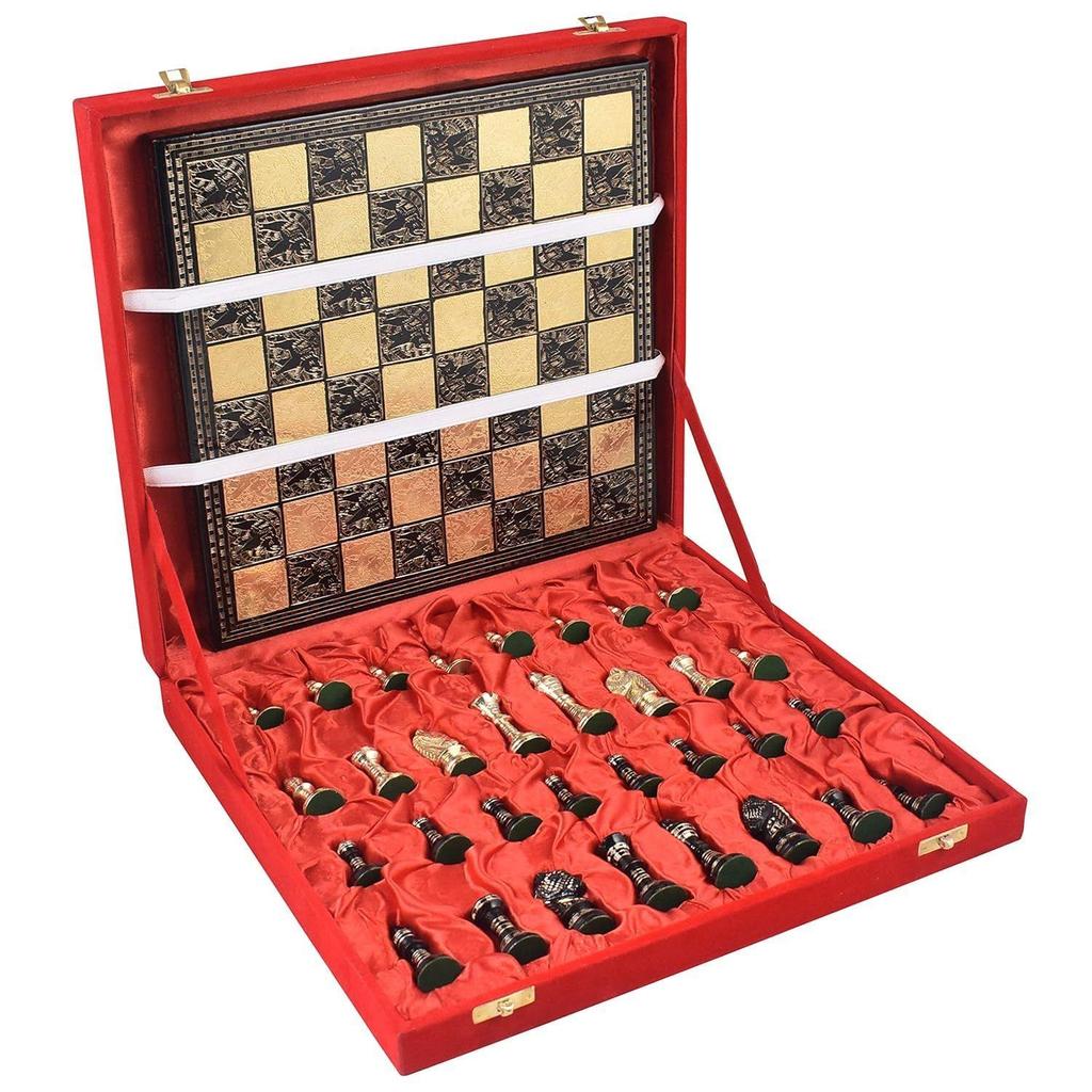 Brass Metal Chess Board Set With Velvet Storage Box-Hand Carved, Glossy Polish- Best For Home Decor & Gifting - Modern Classic Design (10X10 Inch)