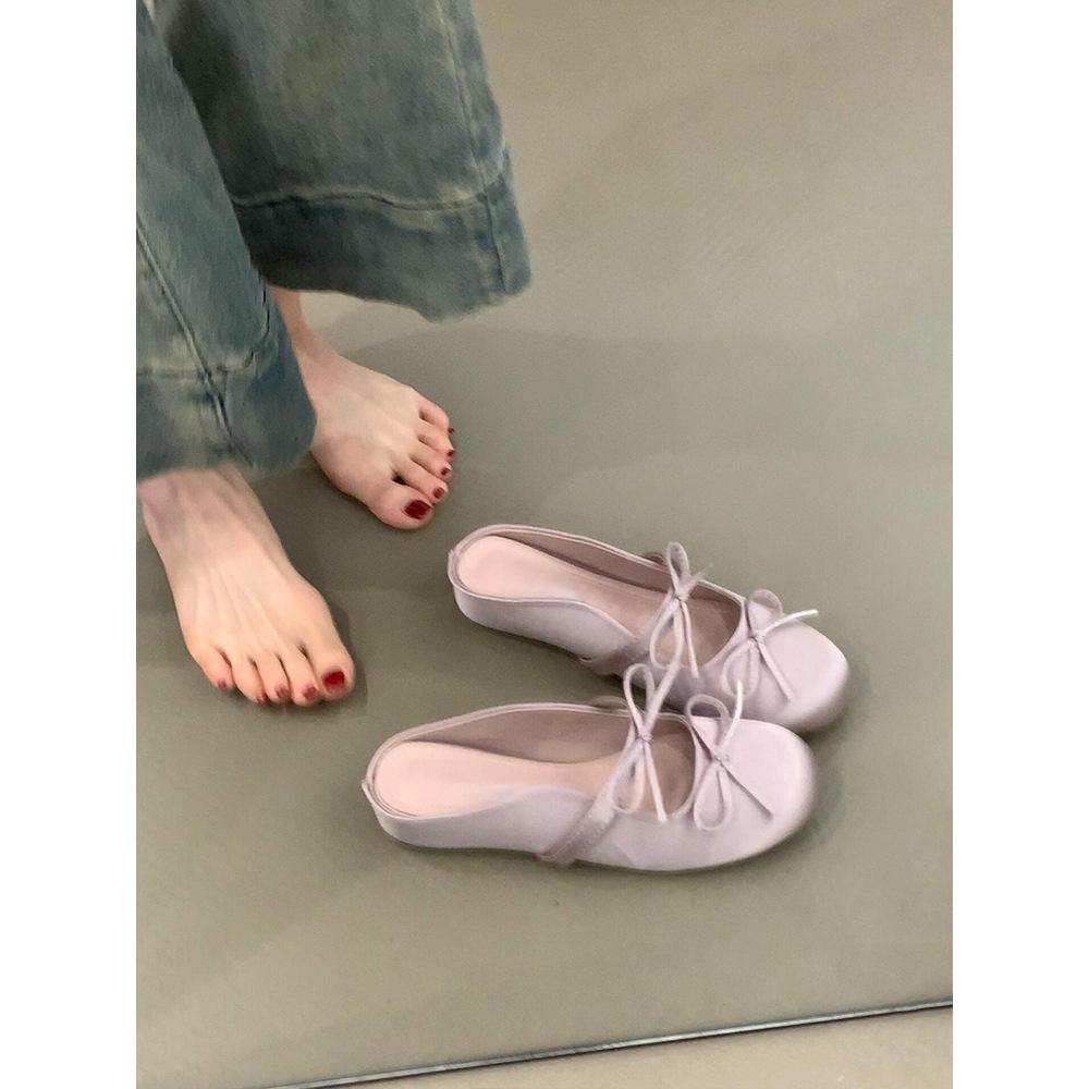 Inner height increase~ 2025 soft-soled bag head sandals bow word with satin round head half slippers women