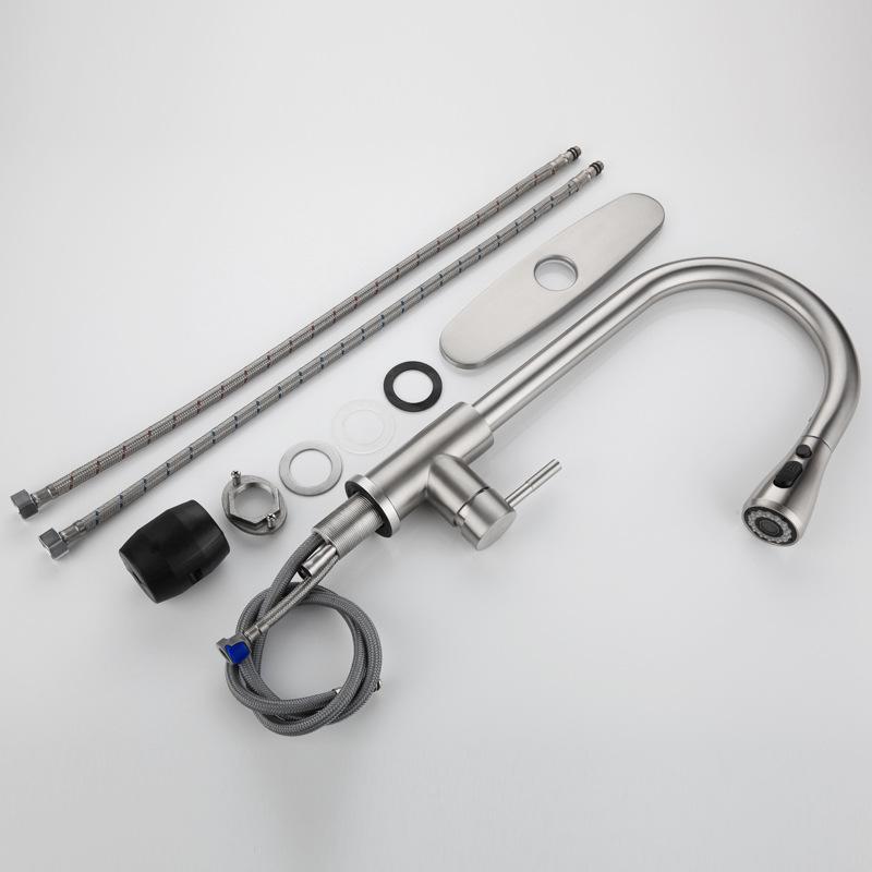 304 Stainless Steel Pull-out with One-button Water Stop 360 Rotating Telescopic Faucet, Hot and Cold Water Mixing, Brushed Type