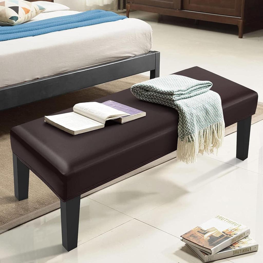 Super Stretch Leather Dining Bench Cover, Removable Bench Slipcover Waterproof Bench Seat Protector Cover for Living Room, Bedroom, Kitchen,Brown