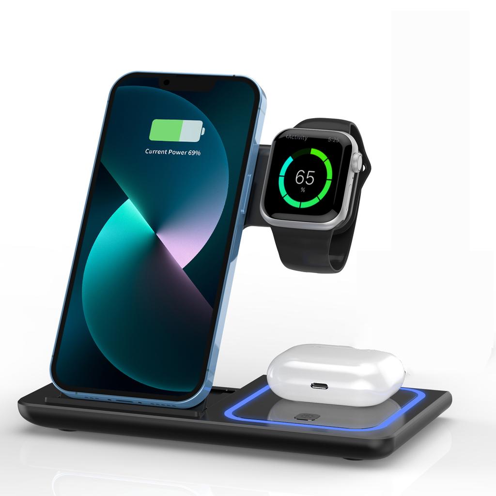 3 In 1 Wireless Charger LED Light Phone Holder Stand For iPhone 15 14 13 12 iWatch 8 7 6 AirPods Foldable Fast Charging Station