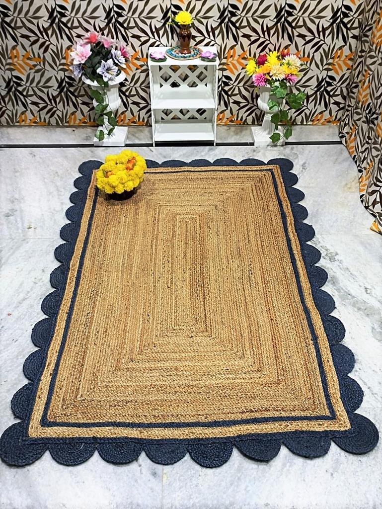 Aizza Trends Indian Handmade Braided Natural Jute with Navy Blue Scalloped Design Area Rug- Jute Rug- Dining Room- Living Room