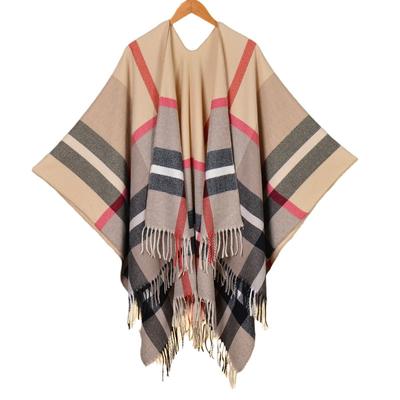 Tassel Slit Shawl, Autumn and Winter Women's Simple Checkered Jacquard Scarf, Cape