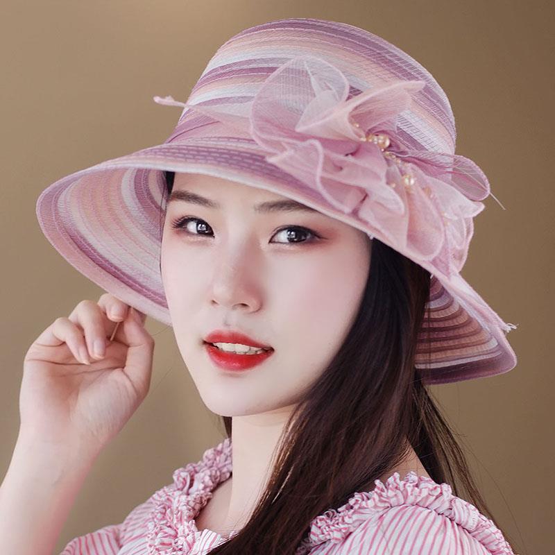 Hat Female Summer Breathable Mesh Color Matching Flower Yarn Sun Hat Dome Top Hat Sun Protection Hat