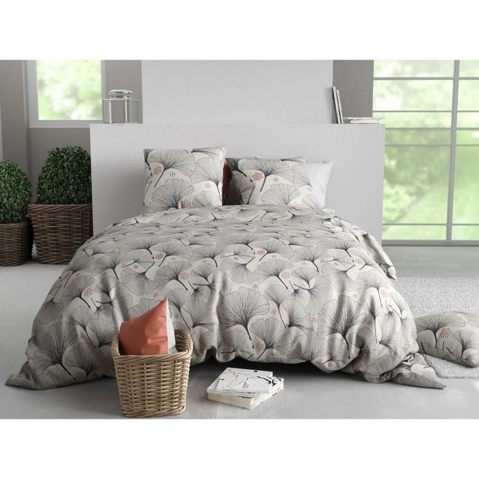Parure De Lit - Housse Couette 240x260 Cm - 2 Taies - Motif Feuillage Ginkgo - 100% Coton Doux