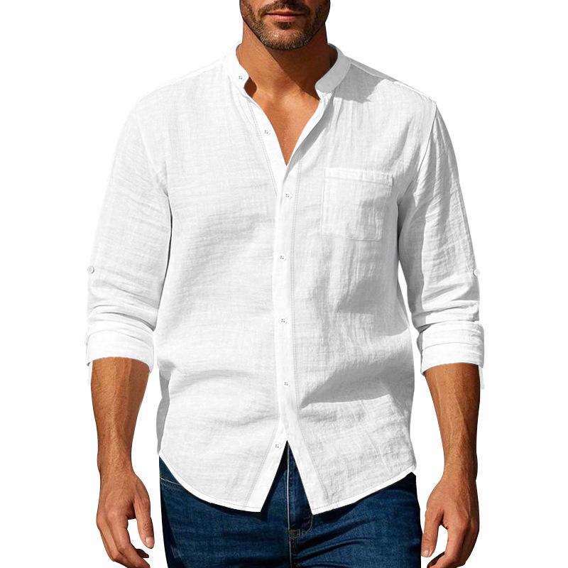 Fashionable Men's Linen Shirt Long-sleeved Stand Collar Breathable Casual Men's Style Chinese-style Pocket Shirt