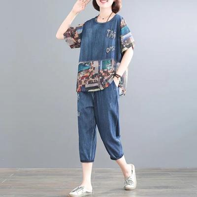 5XL Yaz Kadın Kot Takımları İlkbahar Yaz Baskılı Dikiş Moda Kadın Takımları İnce Denim Kısa Pantolon Anne 2'li