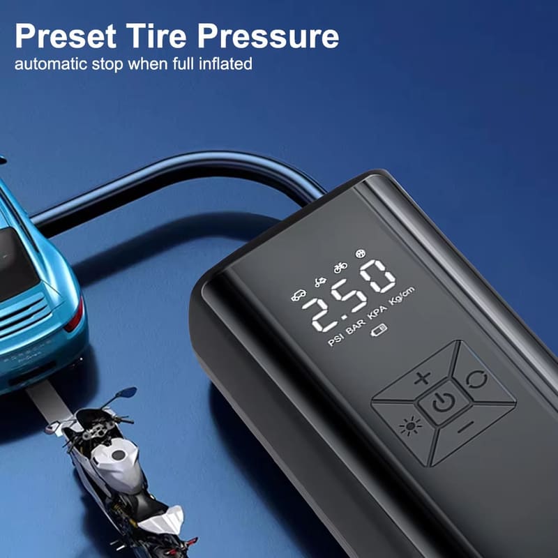 New Digital Air Pump with LED Light Outdoor Wireless Tire Inflator Air Compressor Portable Tire Pressure Gauge  LCD Display 150PSI 120W