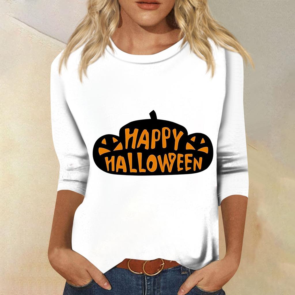 Women's Fashion Casual Round Neck Three-quarter Sleeve Halloween Printed T-shirt Top
