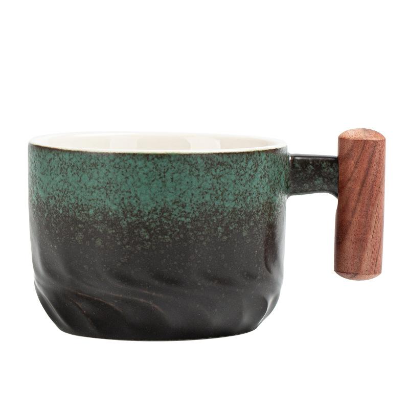 Blue Retro Ceramic Coffee Cup with Saucer 130ml Wooden Handle Tea Water Cup Filter Tea Mug Handmade Frosted Tea Coffee Cup Gift