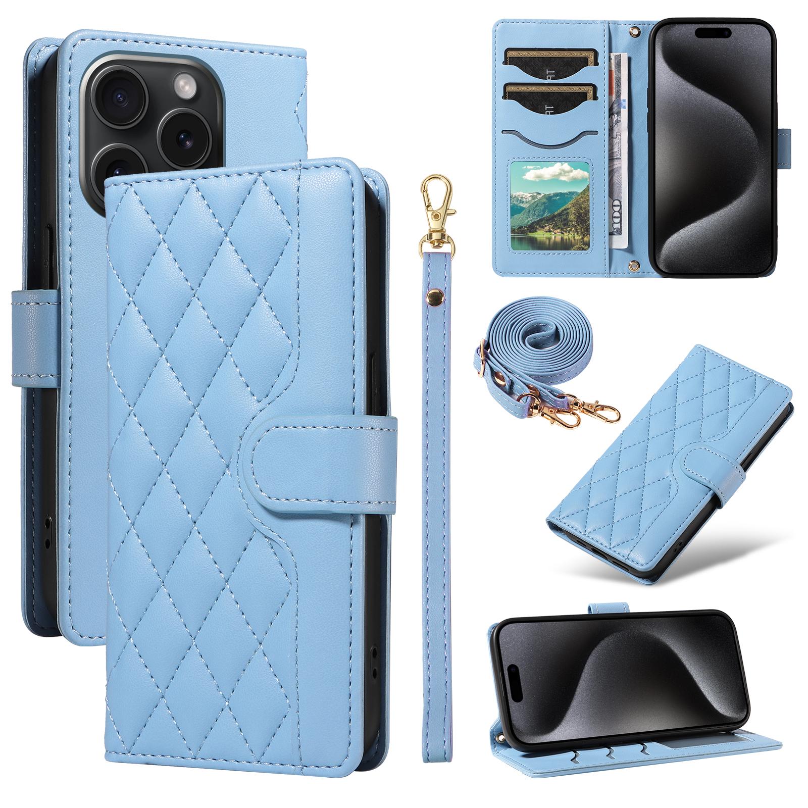 

For iPhone 15 Pro Max Crossbody Case Stand Quilted Leather Protective Phone Cover Blue