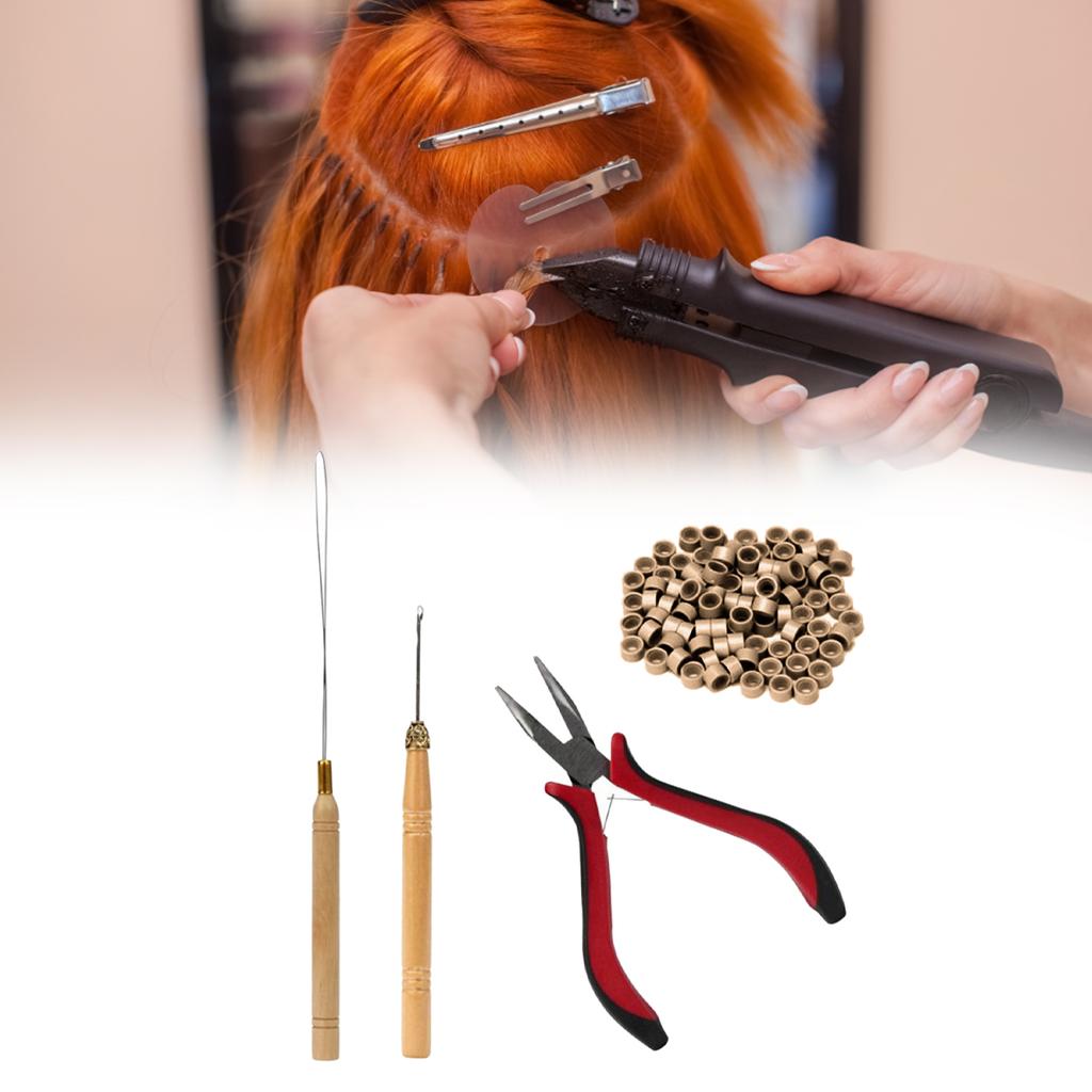 4pcs Hair Wig Plier Curved Tip Wooden Hook Needle Silicone Rings Hair Extension Tools Light Brown