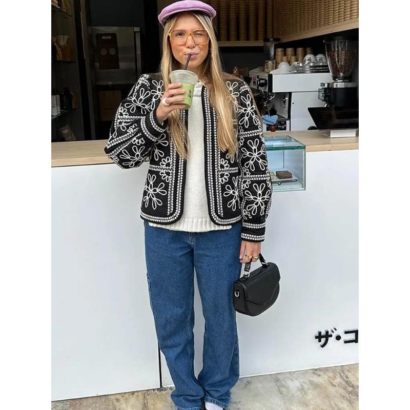 Vintage Print Round Neck Cropped Cotton Coats Women Elegant Full Lantern Sleeves Short Jackets Fall Winter Lady Chic Streetwear
