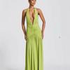 European and American Summer New Solid Color Temperament Low-cut Backless, Slit Pleated Splicing Spice Girl Slim Dress