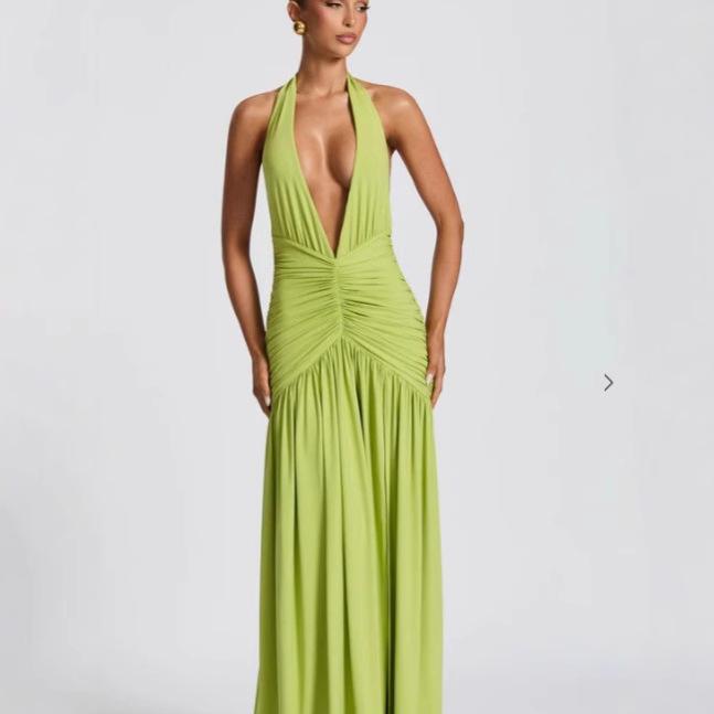 European and American Summer New Solid Color Temperament Low-cut Backless, Slit Pleated Splicing Spice Girl Slim Dress