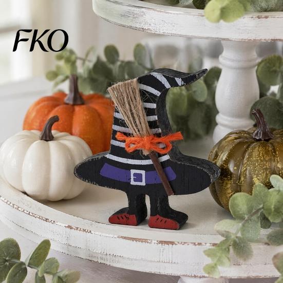 Halloween Home Decor Wooden Table Sign, Cute Ghost Witch Hat Bat Freestanding Tiered Artisan Crafted Wood Signs Tray Ornament, Rustic Farmhouse