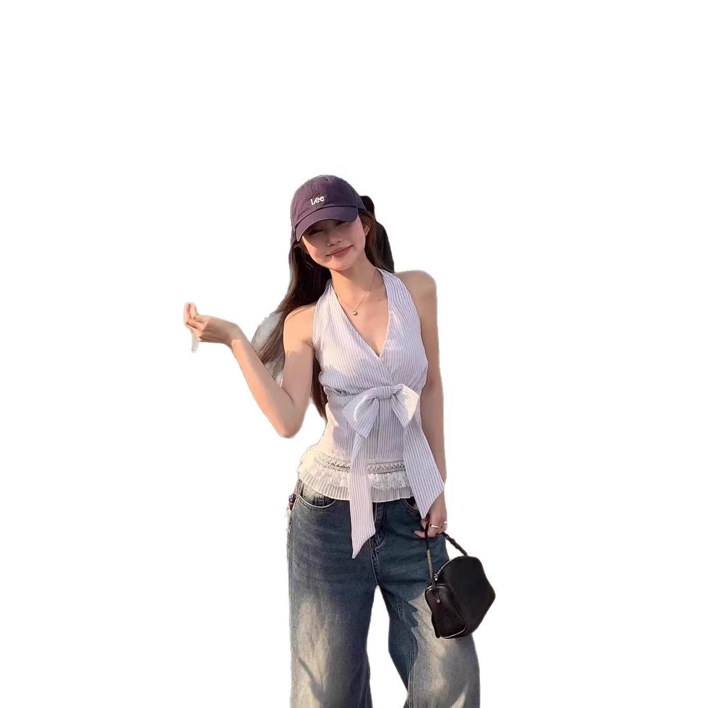 Pure desire wind V-neck striped neck sling vest women's summer spice girl design sense bow slim top