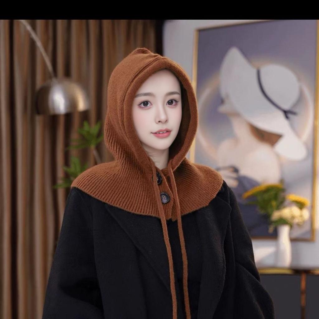 Hat and scarf combined, women's autumn and winter new neck warmer, warm woolen neck scarf, fashionable and stylish Korean-style knitted pullover hat