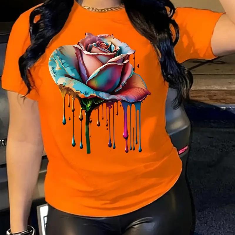 Dámské letní tričko potisk barevné růže krátký rukáv ležérní potištěné topy