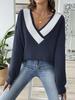 Women's Color Block Patchwork Deep V-Neck Loose Sweater - Long Sleeve Pullover for Autumn/Winter