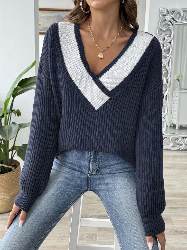 Women's Color Block Patchwork Deep V-Neck Loose Sweater - Long Sleeve Pullover for Autumn/Winter